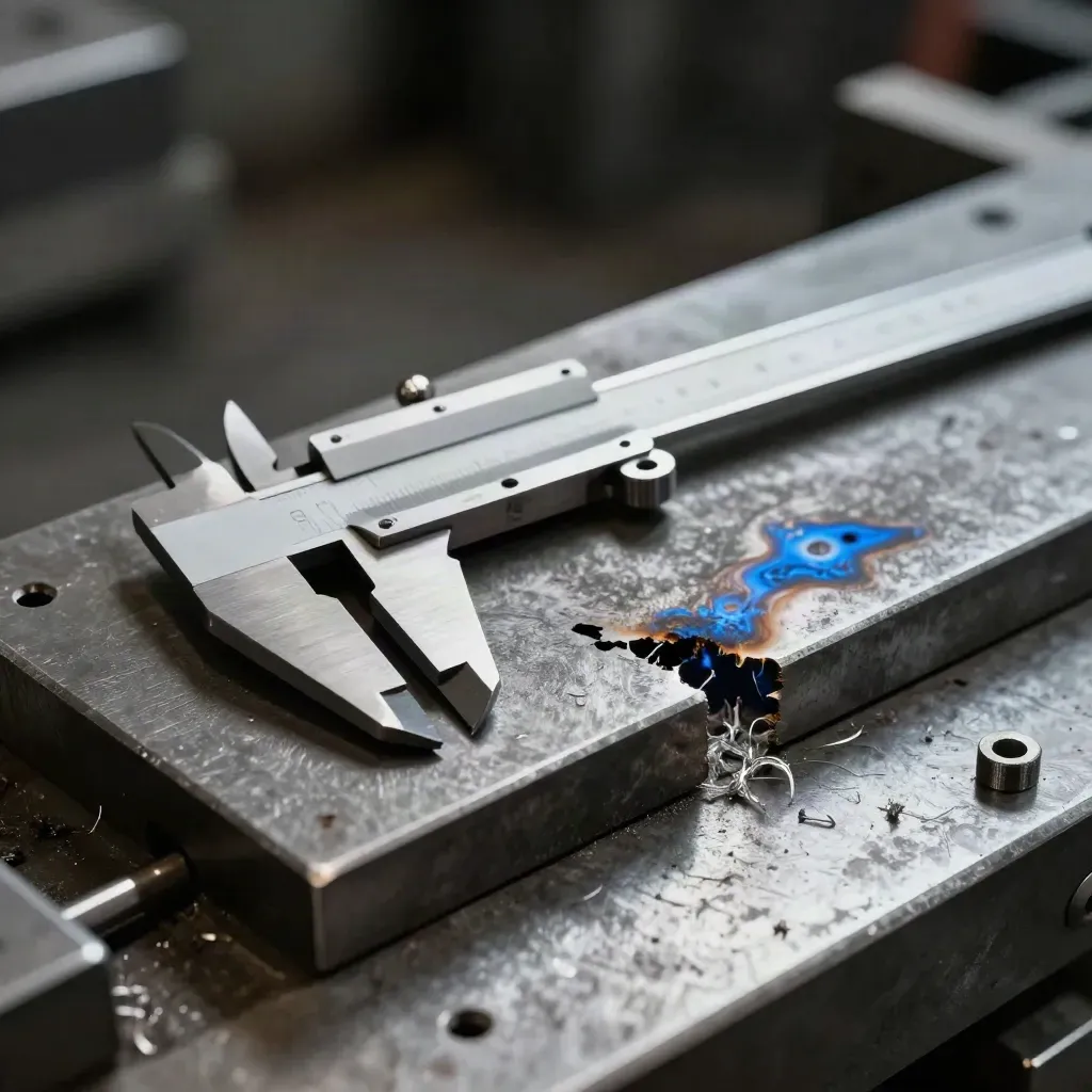 Steel offcuts, caliper and scorched alloy plate on brushed metal under dramatic workshop light.