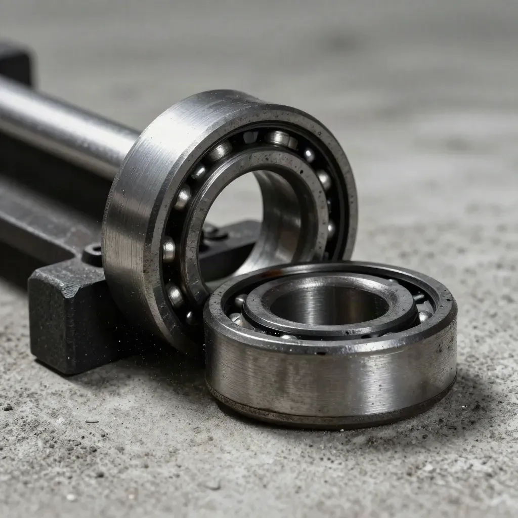 Rail gauge, coupling pin and wheel bearing on pale concrete, dust drifting in soft overhead light.