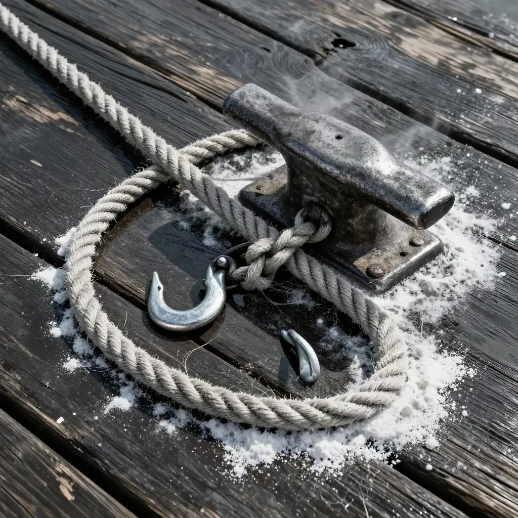 Tarred rope tightens around a dock cleat with a hook on wet dark timber under soft daylight.