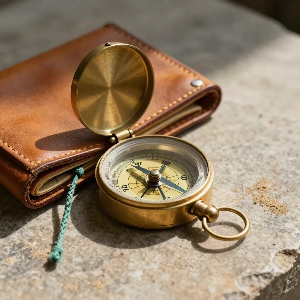 Brass compass, folded map case, and plumb bob on warm stone in dramatic close-up