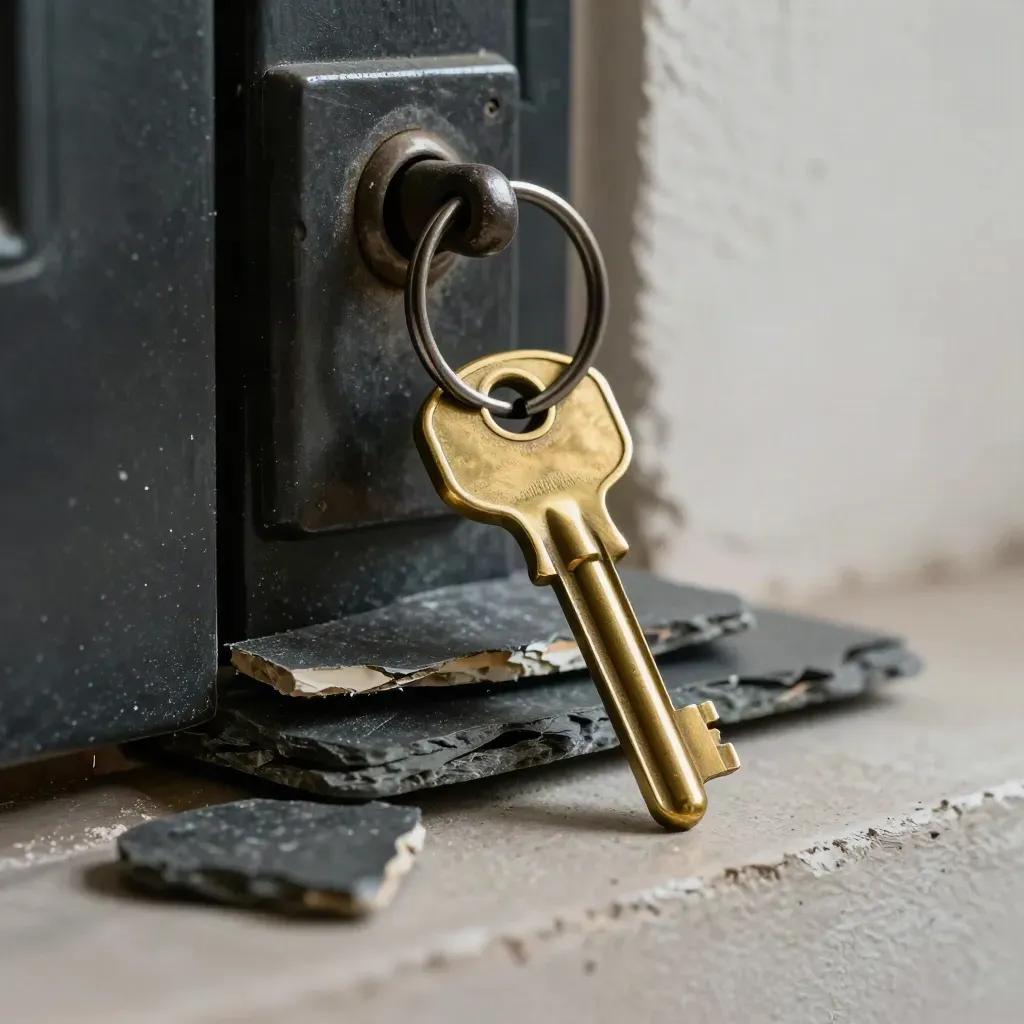 Brass house keys and a door latch on pale plaster with a slate chip, lit dramatically.