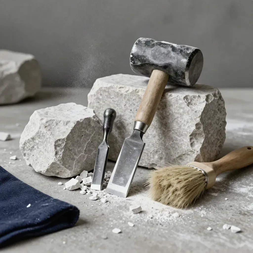 Stone chisel, mallet head, limestone block and brush on concrete with chalk dust.