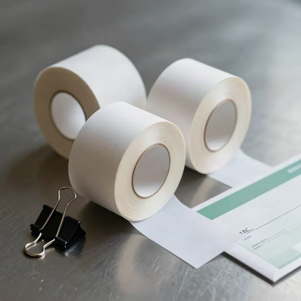 Top-down macro of receipt rolls, binder clip, and cheque stub envelope on brushed steel.