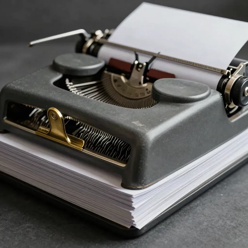 Macro of a vintage adding machine with brass clip and carbon-copy paper on graphite surface.