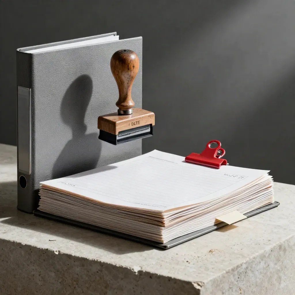 Rubber date stamp beside a ledger binder and red clip on pale stone, lit dramatically.