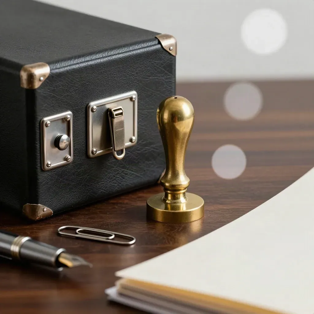 Audit seal and locked archive binder on dark wood, seen through blurred clipped folders.