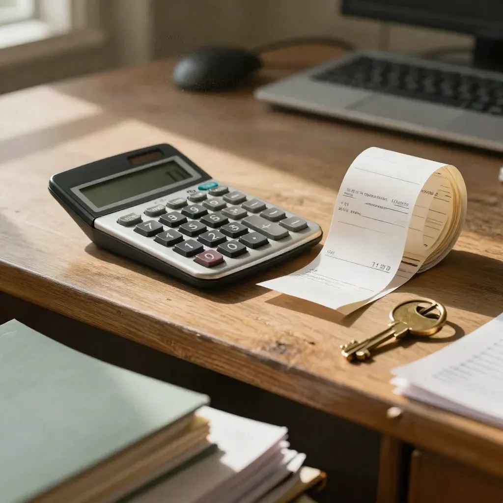 Calculator, cheque stub, receipt spike and brass keyring on a desk, seen through blurred files.