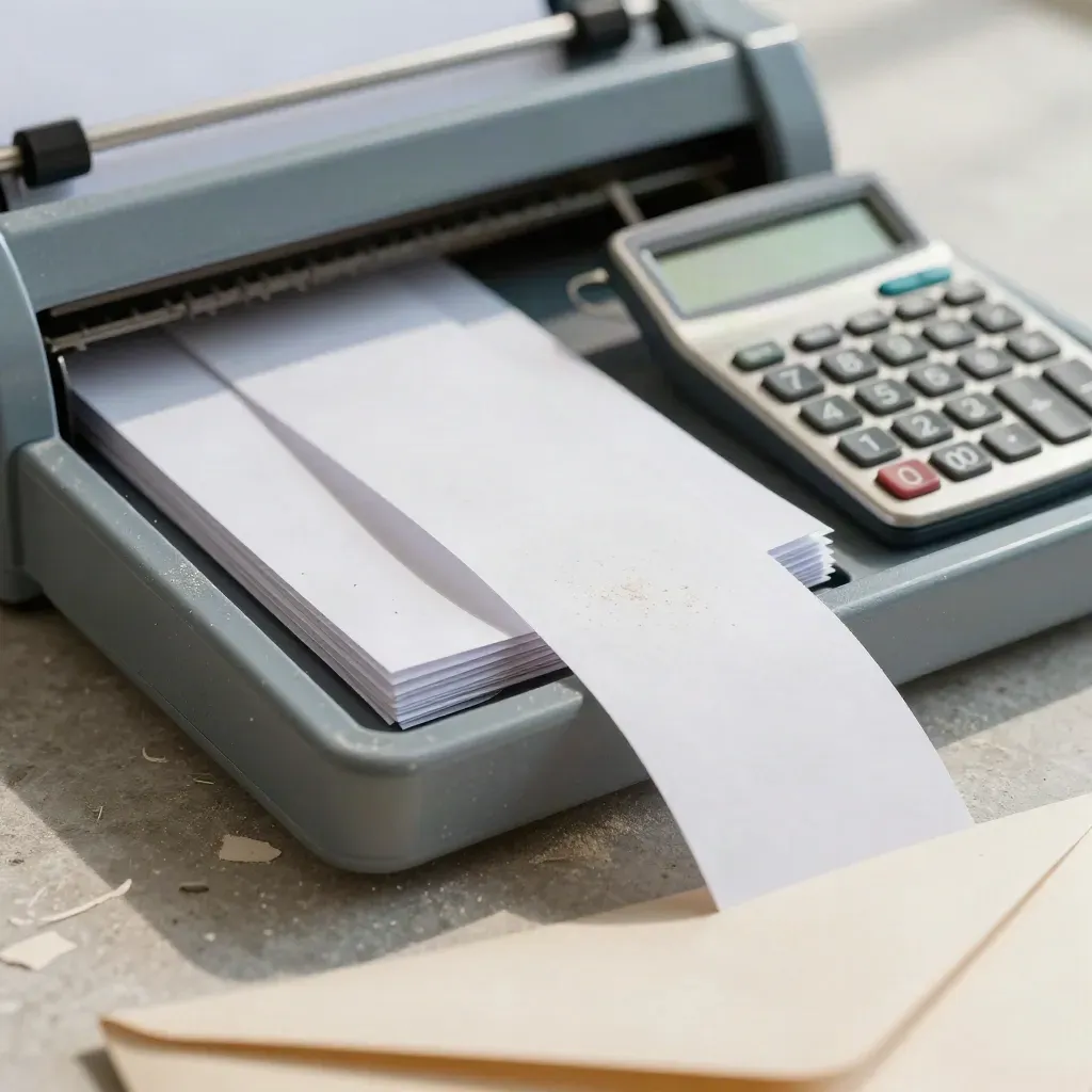 Top-down finance still life: receipt tray, calculator and file bands on stone, seen through an envelope edge.
