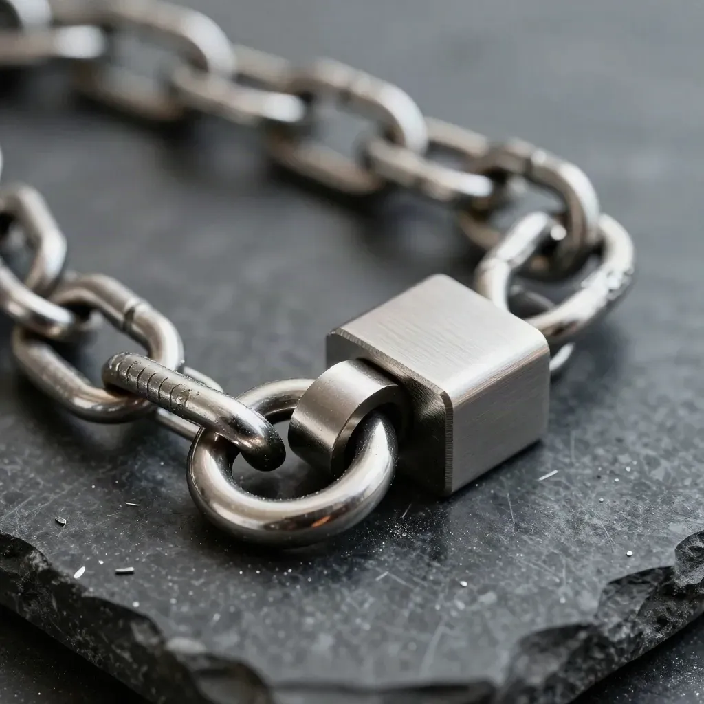 Macro still life of linked steel rings, a magnet coupler and spacer block on graphite stone.