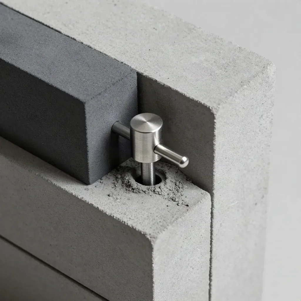 Graphite blocks and a silver peg connector dropping into a concrete slot, top-down still life.