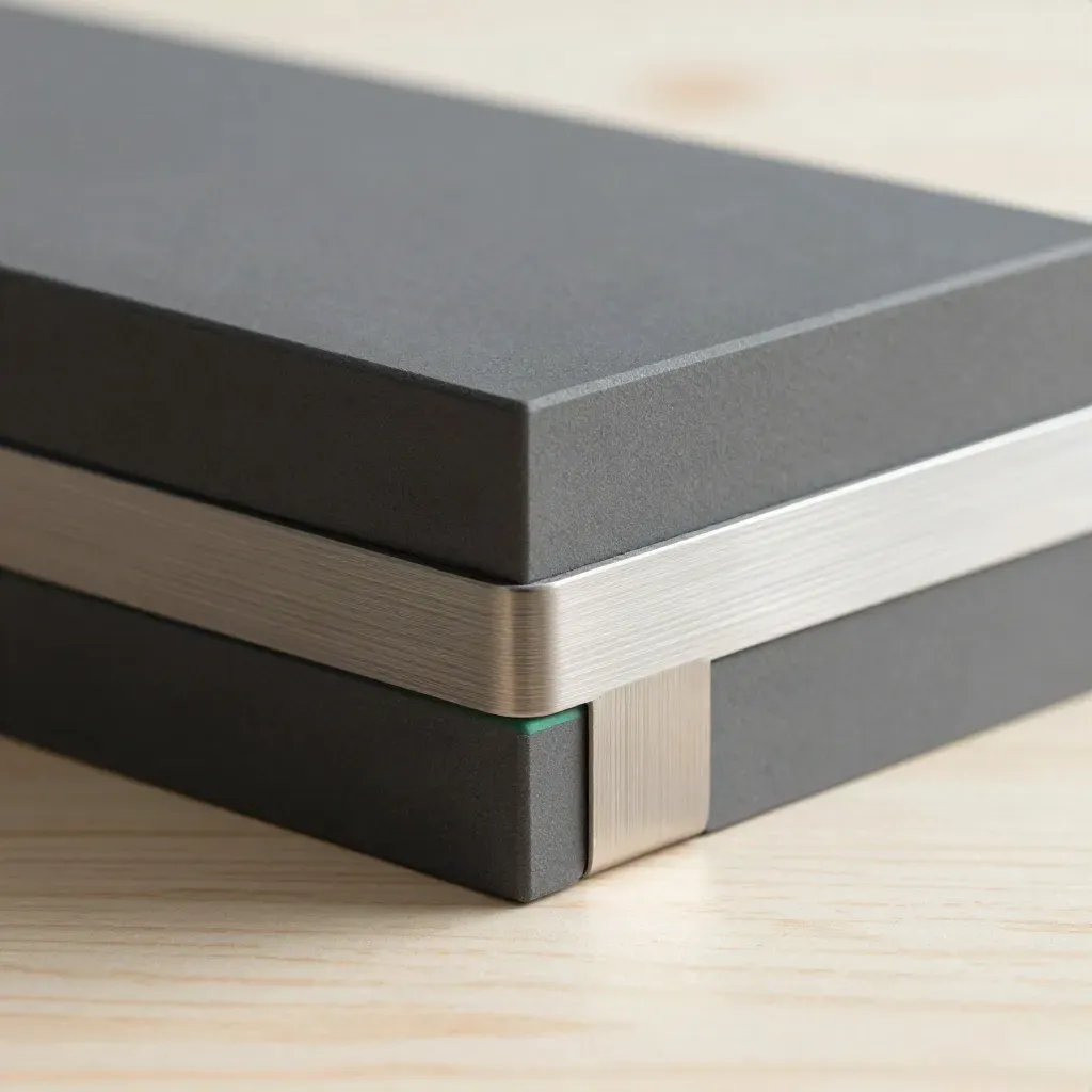 Matte graphite blocks and a metal brace on pale wood, with a subtle ledger-green accent.