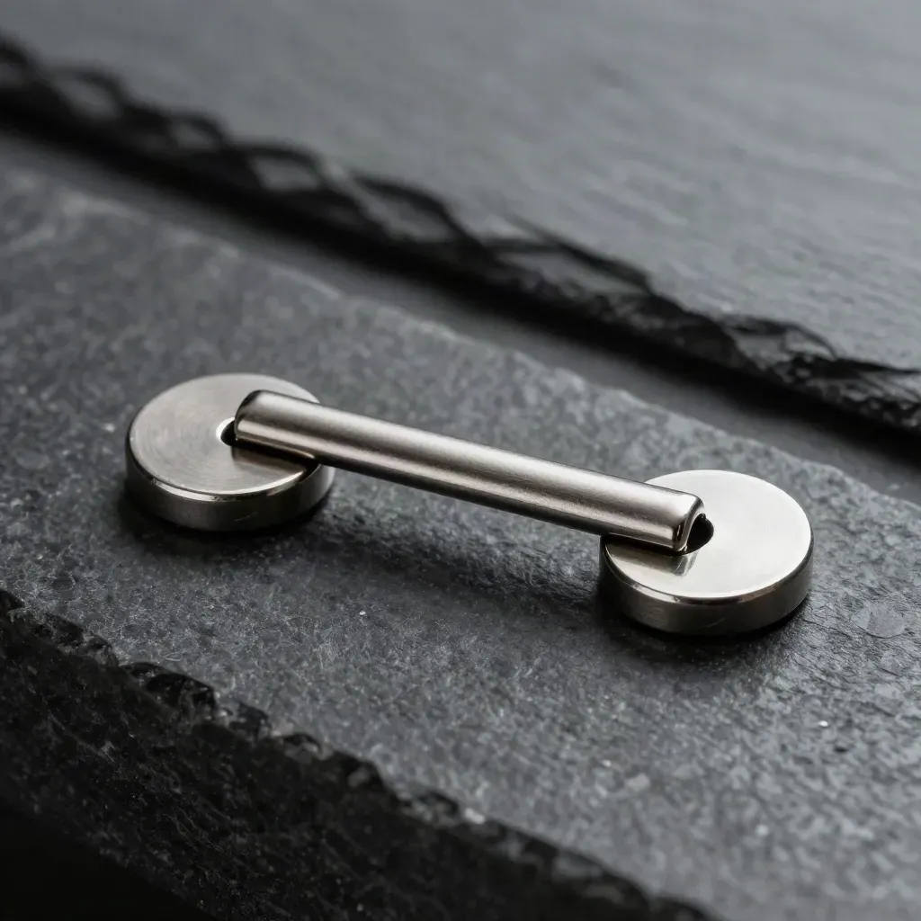 Spring clasp and connector discs on dark stone, lit from the upper left.