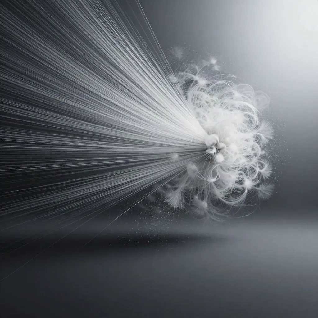 Silver filaments bloom in graphite haze, with soft motes and empty copy space.